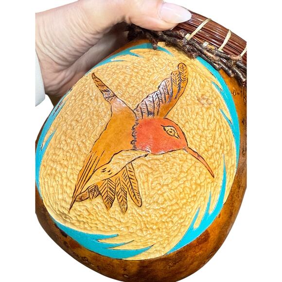 Vintage‎ Hand Carved Painted Gourd 6.5" Vase Hummingbird Signed Folk Art Decor - Picture 9 of 11
